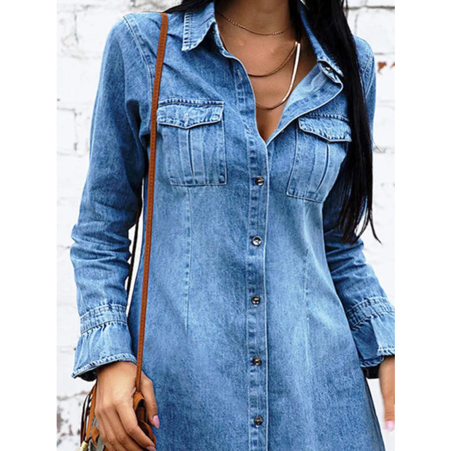 Button Front Long Sleeve Denim Dress Blue / S Apparel and Accessories