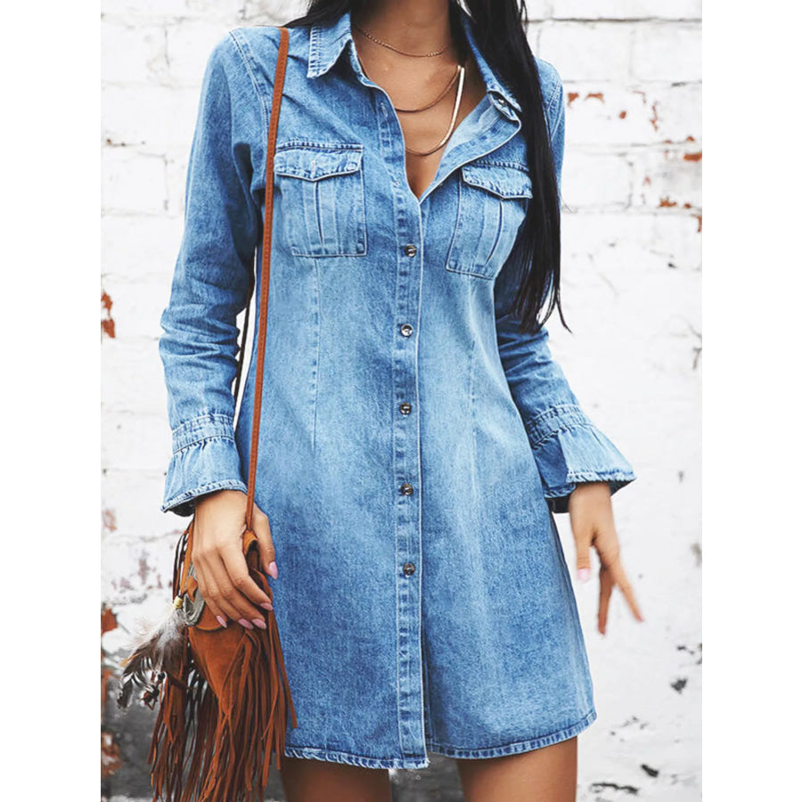 Button Front Long Sleeve Denim Dress Blue / S Apparel and Accessories