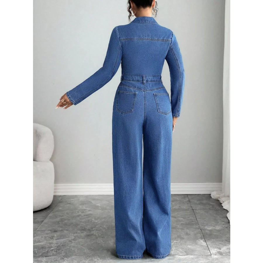 Button Front Long Sleeve Denim Jumpsuit Apparel and Accessories