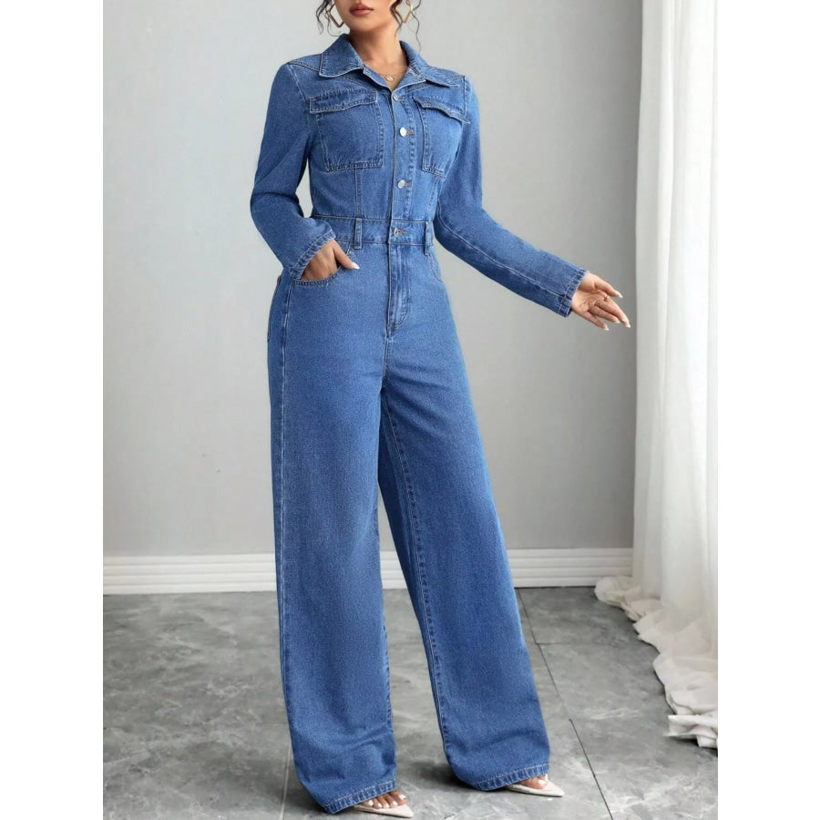 Button Front Long Sleeve Denim Jumpsuit Apparel and Accessories