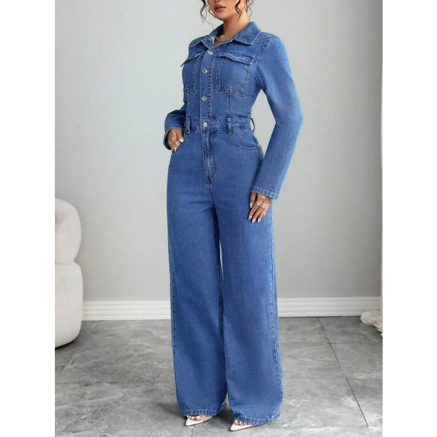 Button Front Long Sleeve Denim Jumpsuit Apparel and Accessories