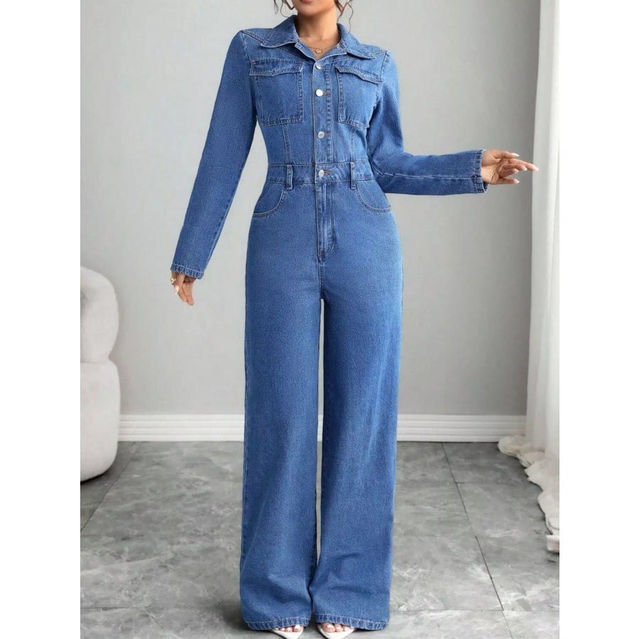 Button Front Long Sleeve Denim Jumpsuit Apparel and Accessories