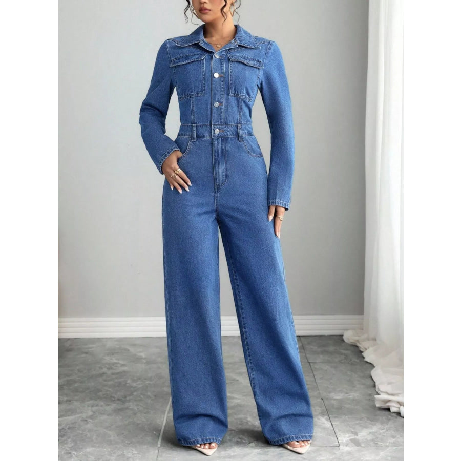 Button Front Long Sleeve Denim Jumpsuit Apparel and Accessories