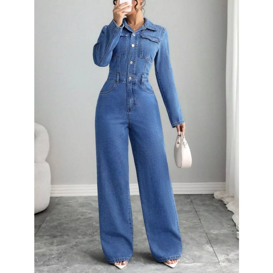 Button Front Long Sleeve Denim Jumpsuit Blue / XS Apparel and Accessories