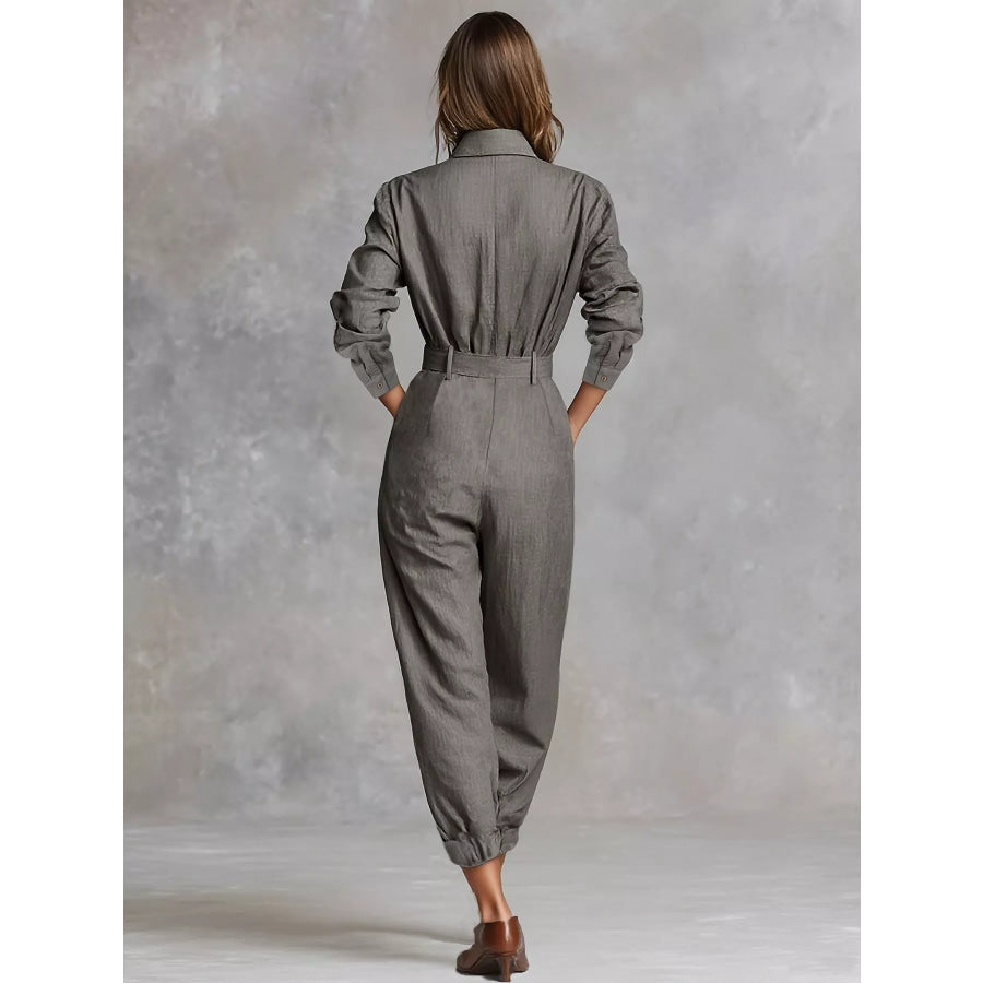 Button Front Long-Sleeve Jumpsuit Apparel and Accessories