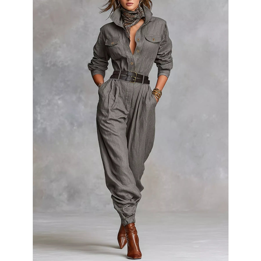 Button Front Long-Sleeve Jumpsuit Gray / XS Apparel and Accessories