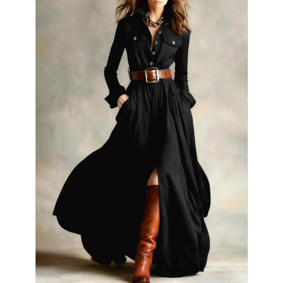 Button Front Long Sleeve Maxi Dress Black / S Apparel and Accessories