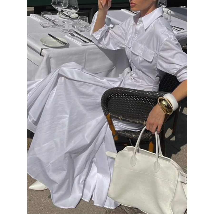 Button Front Long Sleeve Maxi Shirt Dress White / S Apparel and Accessories