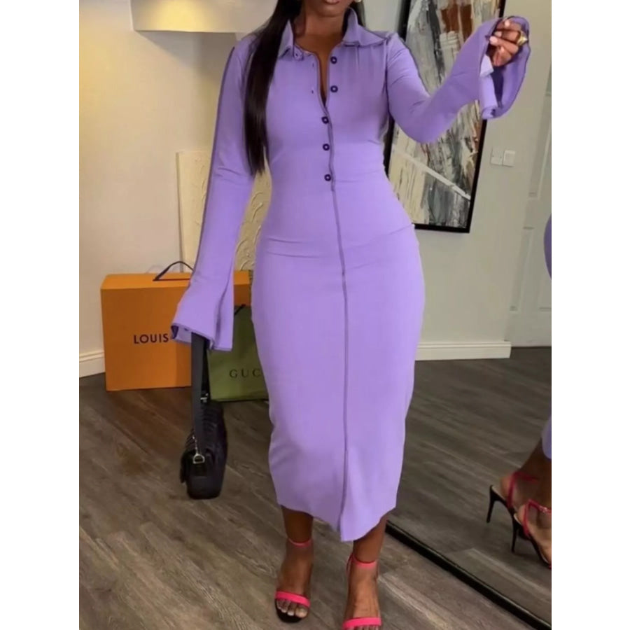Button Front Long Sleeve Midi Dress Apparel and Accessories