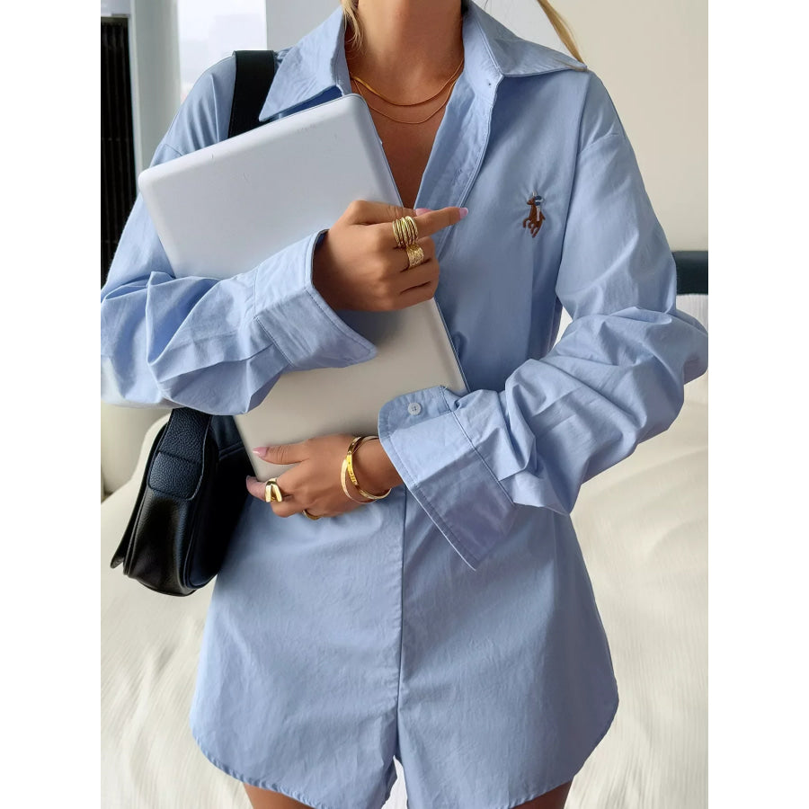 Button Front Long Sleeve Romper Blue / S Apparel and Accessories