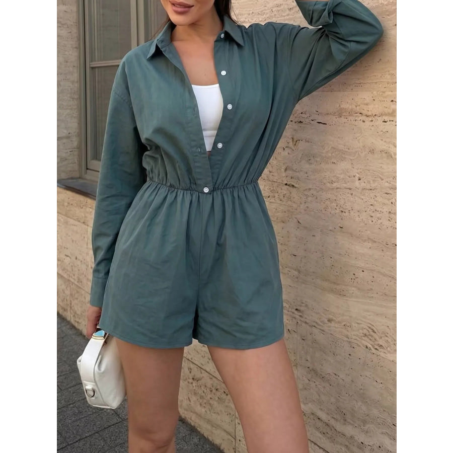 Button Front Long Sleeve Romper Green / S Apparel and Accessories