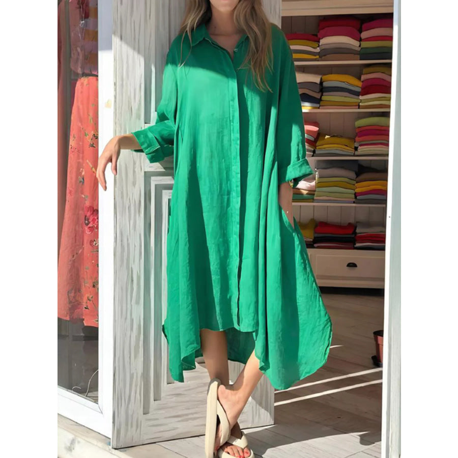 Button Front Long Sleeve Shirt Dress Green / S Apparel and Accessories