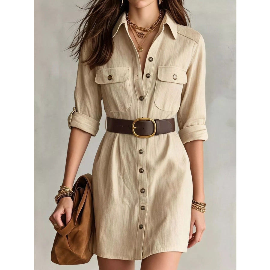 Button Front Long Sleeve Shirt Dress Tan / S Apparel and Accessories