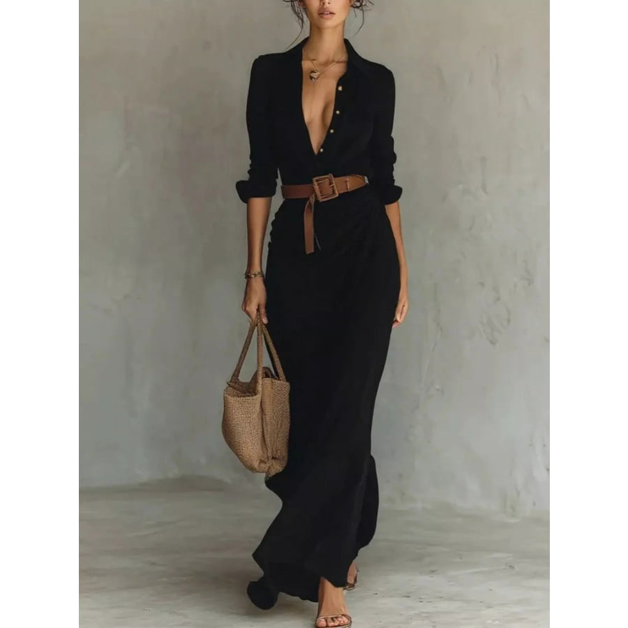 Button Front Long-Sleeve Shirt Maxi Dress Black / S Apparel and Accessories