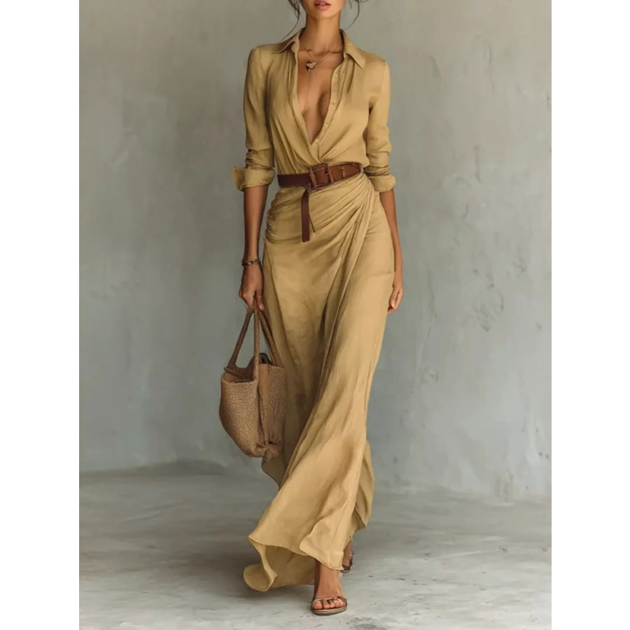 Button Front Long-Sleeve Shirt Maxi Dress Camel / S Apparel and Accessories