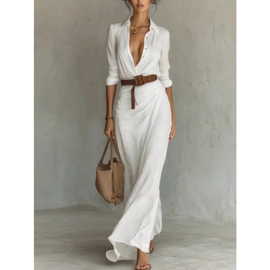 Button Front Long-Sleeve Shirt Maxi Dress White / S Apparel and Accessories