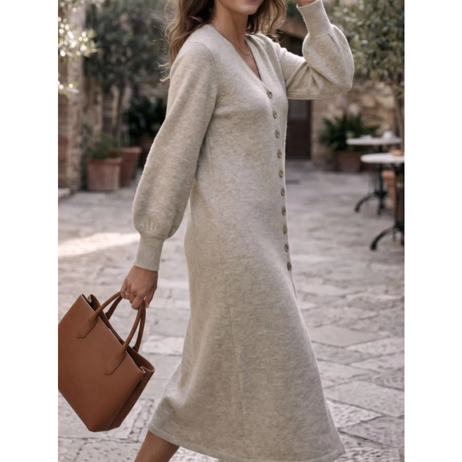 Button Front Long Sleeve Sweater Dress Apparel and Accessories