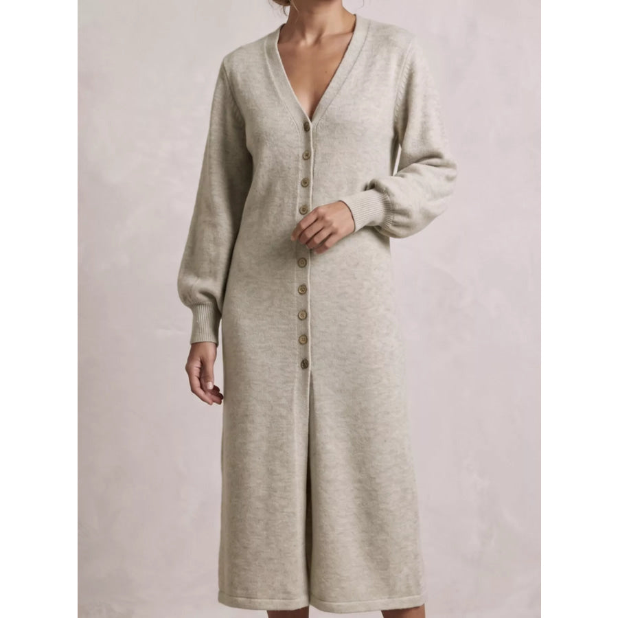 Button Front Long Sleeve Sweater Dress Light Gray / S Apparel and Accessories