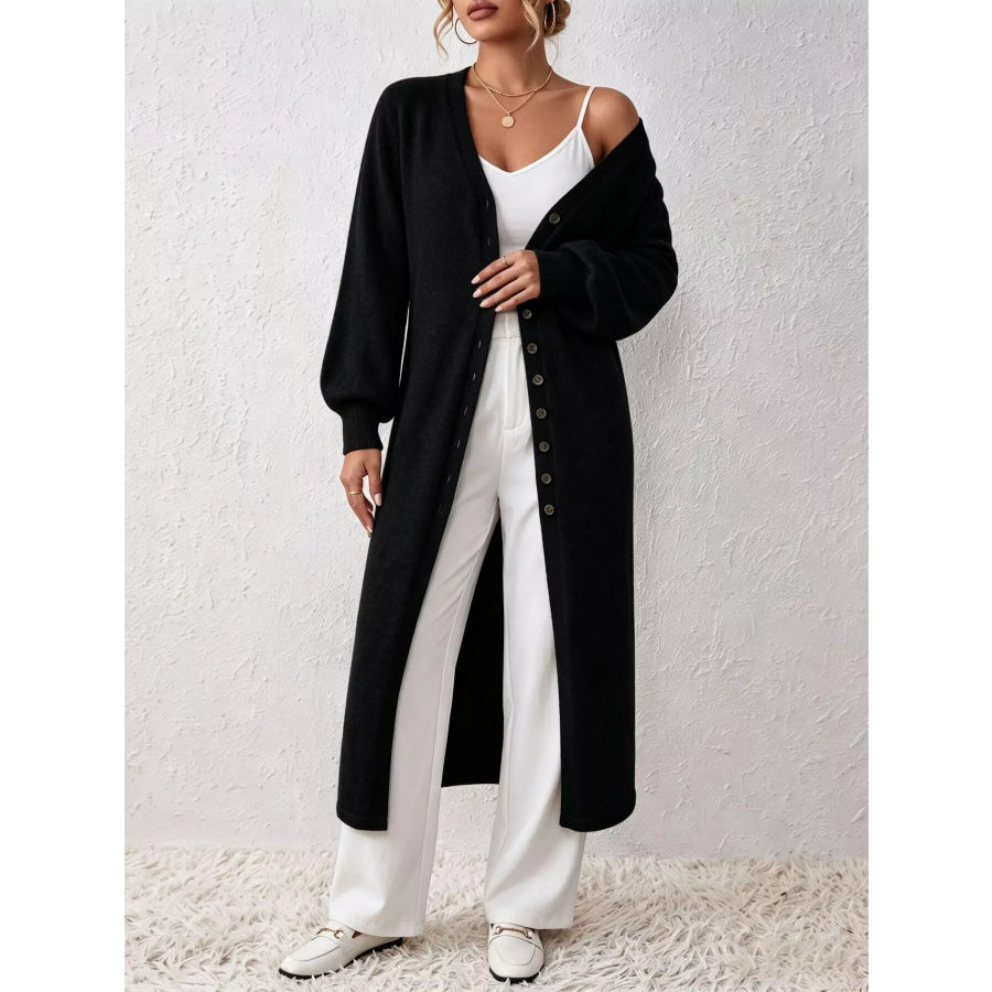 Button Front Long Sleeve Sweater Dress Black / S Apparel and Accessories