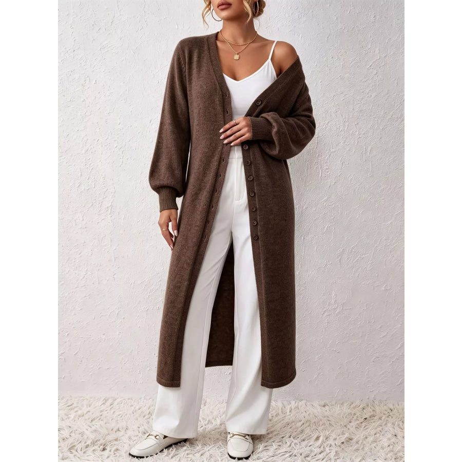 Button Front Long Sleeve Sweater Dress Dark Brown / S Apparel and Accessories