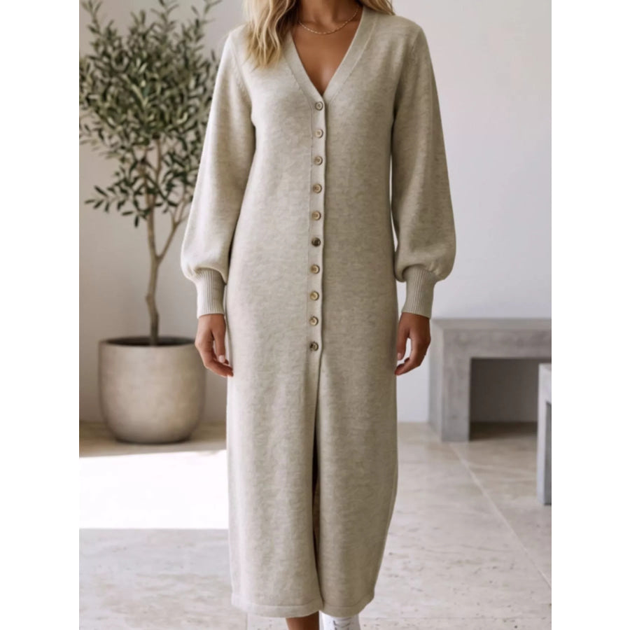 Button Front Long Sleeve Sweater Dress Light Gray / S Apparel and Accessories