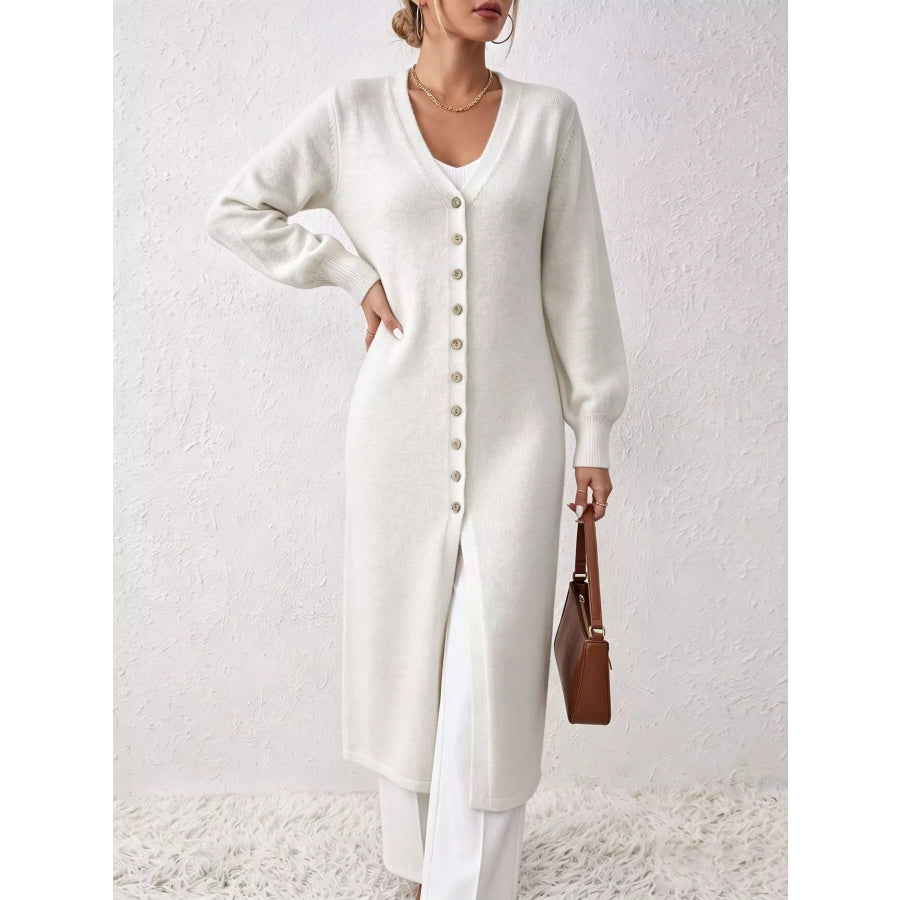 Button Front Long Sleeve Sweater Dress White / S Apparel and Accessories