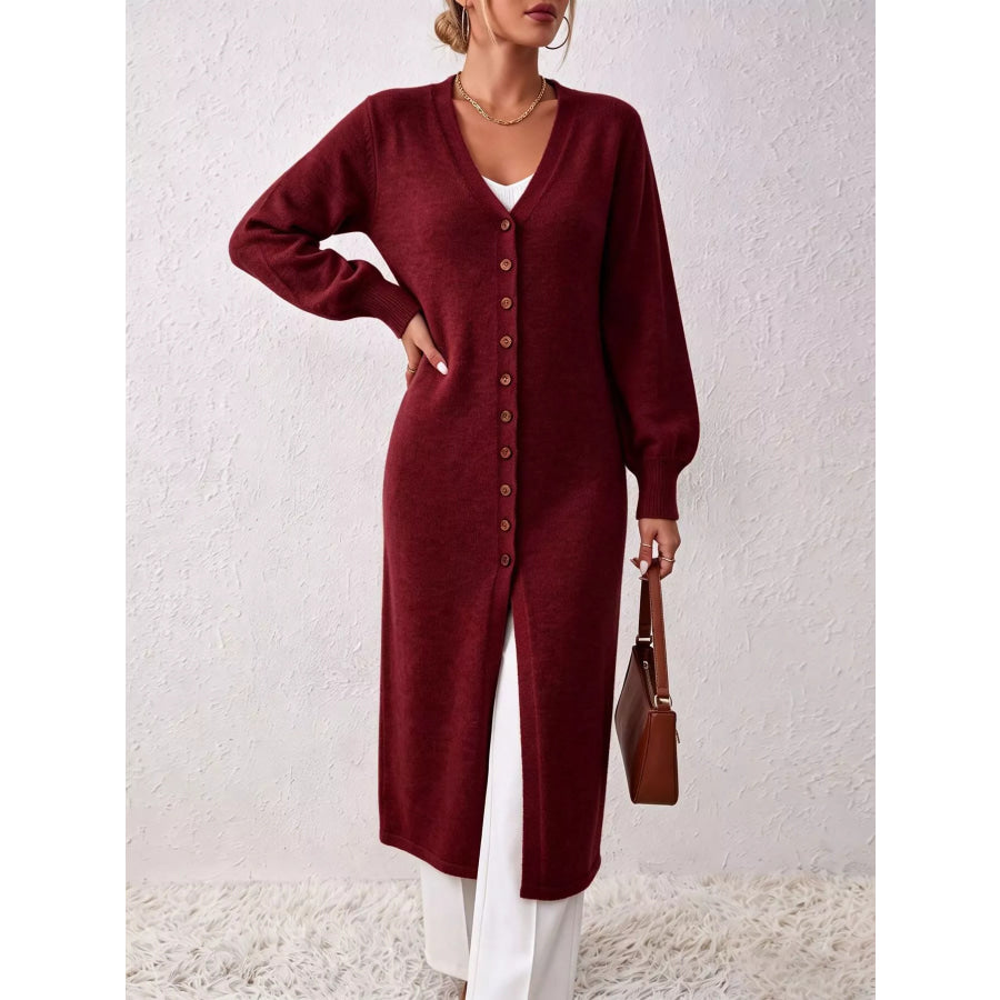 Button Front Long Sleeve Sweater Dress Wine Red / S Apparel and Accessories