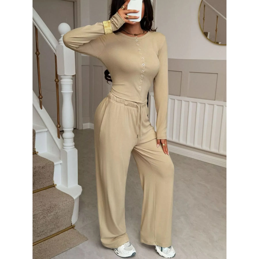 Button-Front Long Sleeve Top & Wide Leg Pants Set Apparel and Accessories