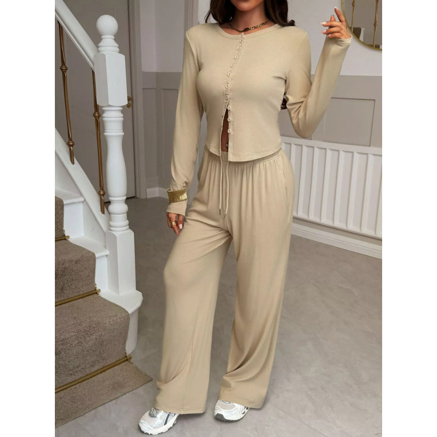 Button-Front Long Sleeve Top & Wide Leg Pants Set Apparel and Accessories