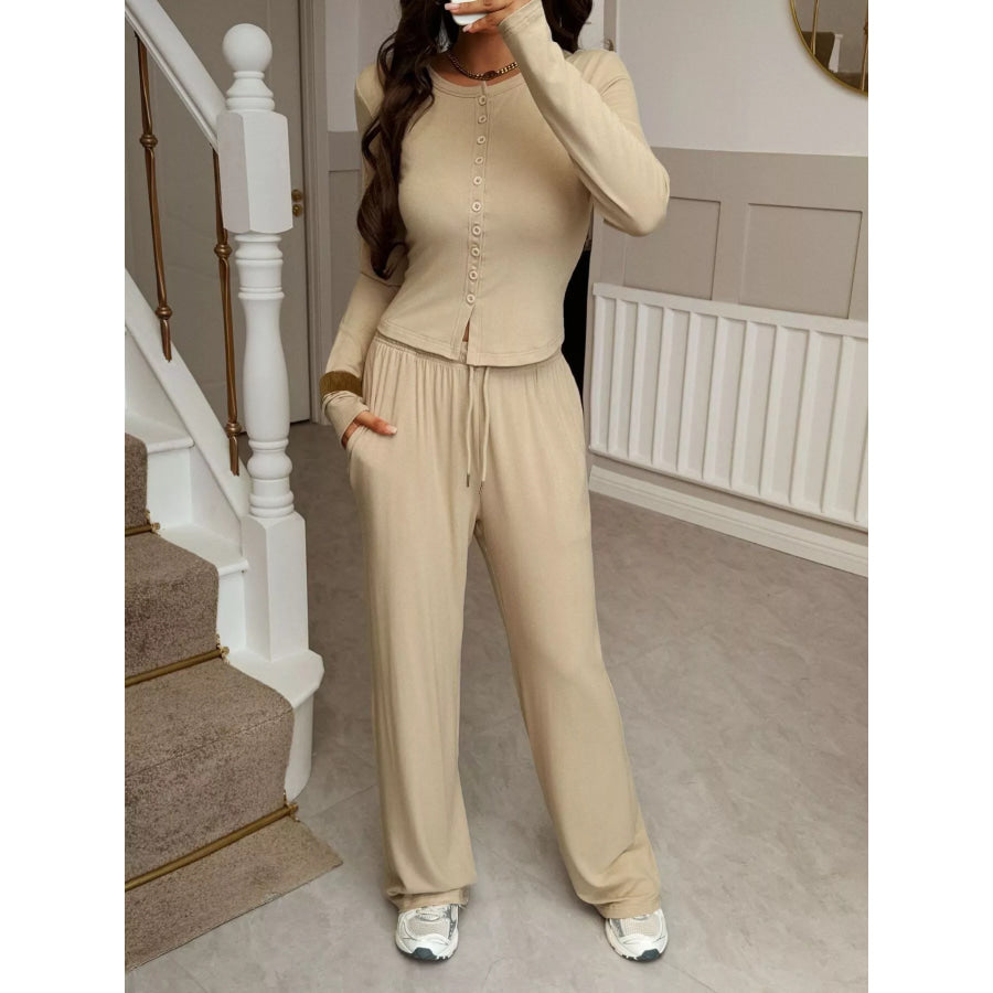 Button-Front Long Sleeve Top & Wide Leg Pants Set Apricot / S Apparel and Accessories