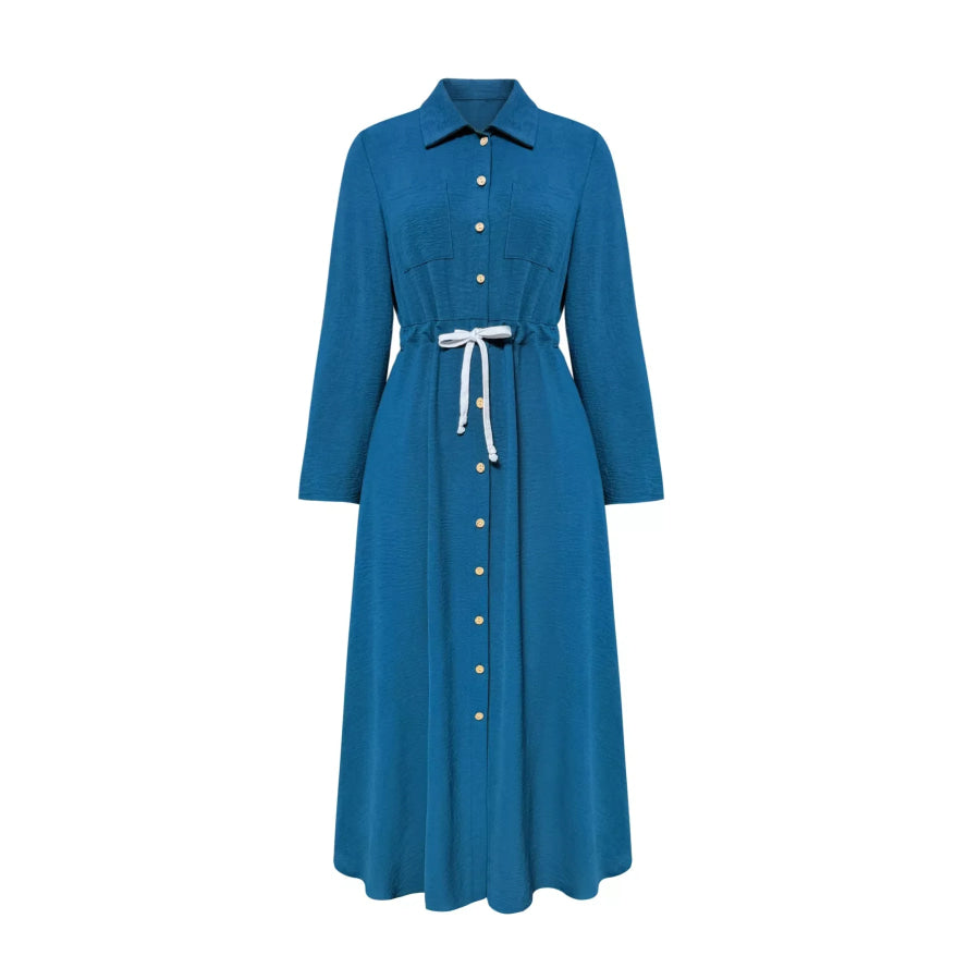 Button Front Midi Shirt Dress Peacock Blue / S Apparel and Accessories