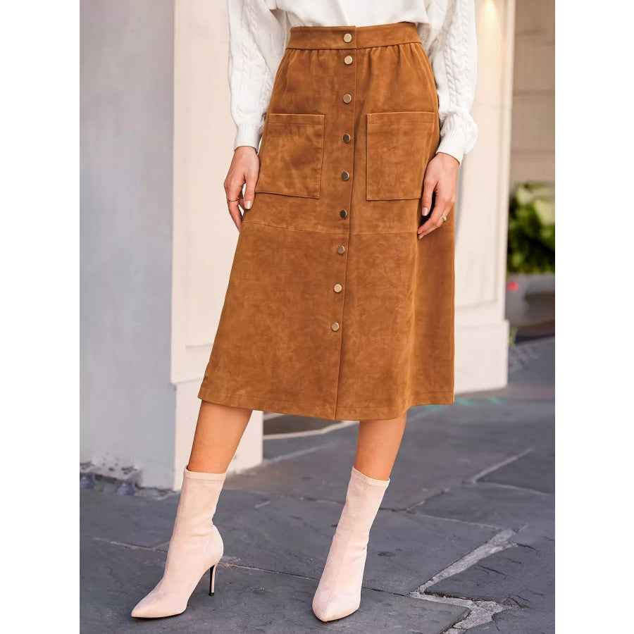 Button-Front Midi Skirt Caramel / S Apparel and Accessories