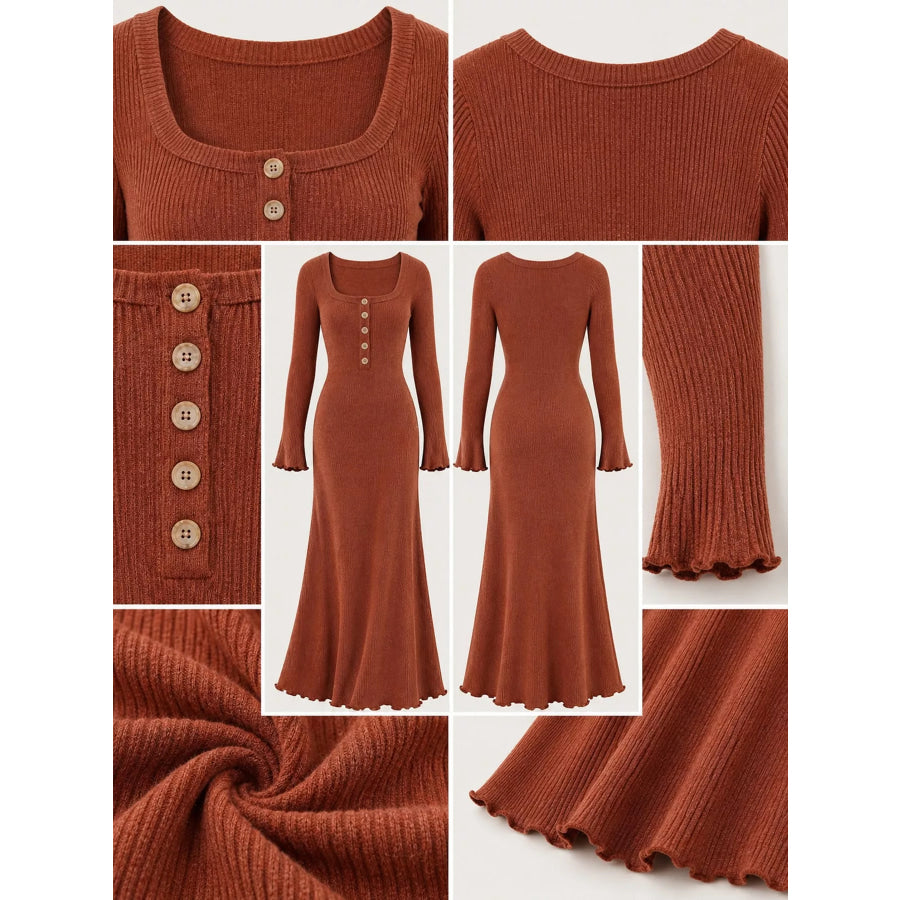 Button-Front Ribbed Knit Maxi Dress Apparel and Accessories