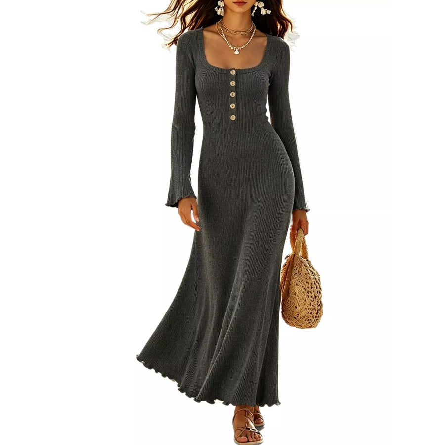 Button-Front Ribbed Knit Maxi Dress Apparel and Accessories