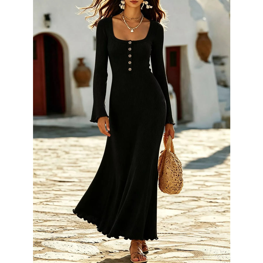 Button-Front Ribbed Knit Maxi Dress Black / S Apparel and Accessories