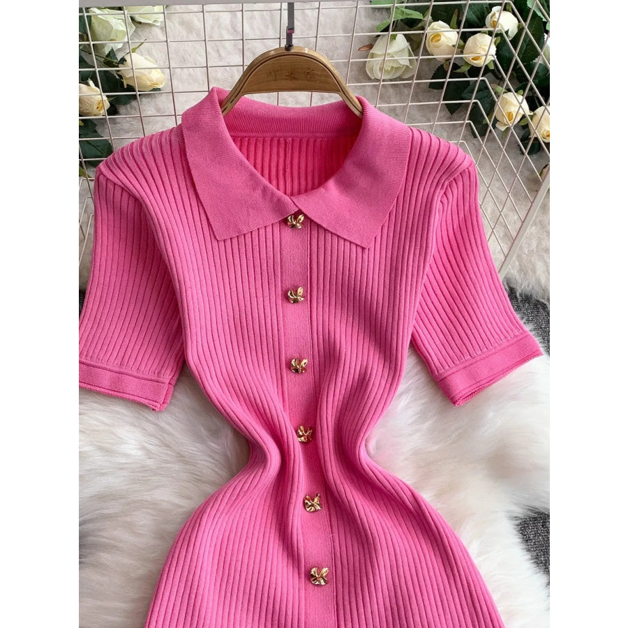 Button Front Ribbed Knit Midi Dress Apparel and Accessories
