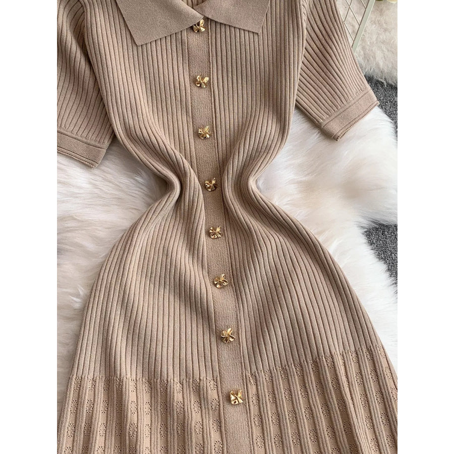 Button Front Ribbed Knit Midi Dress Apparel and Accessories
