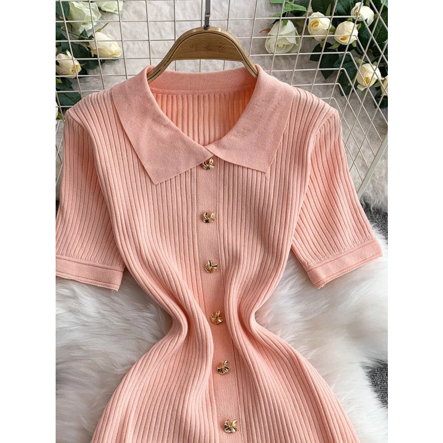 Button Front Ribbed Knit Midi Dress Apparel and Accessories