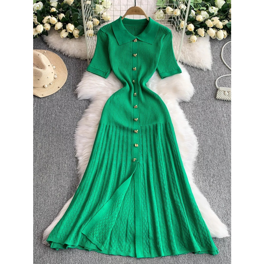 Button Front Ribbed Knit Midi Dress Green / One Size Apparel and Accessories