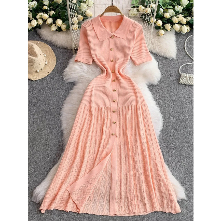 Button Front Ribbed Knit Midi Dress Light Pink / One Size Apparel and Accessories