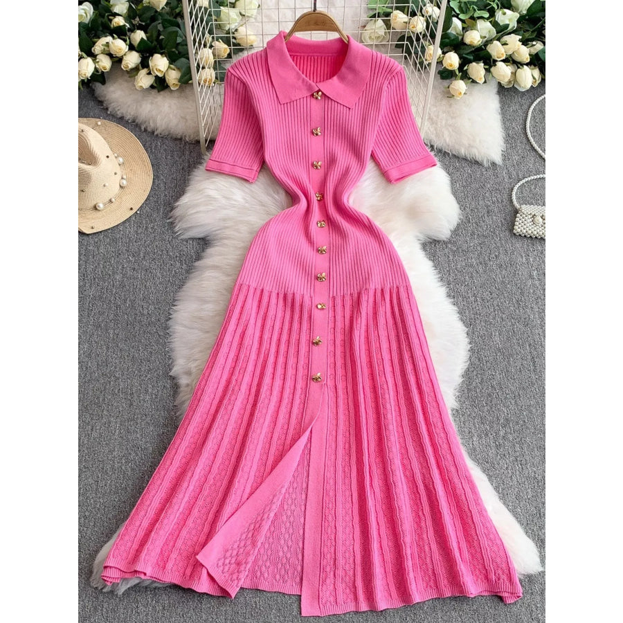 Button Front Ribbed Knit Midi Dress Pink / One Size Apparel and Accessories