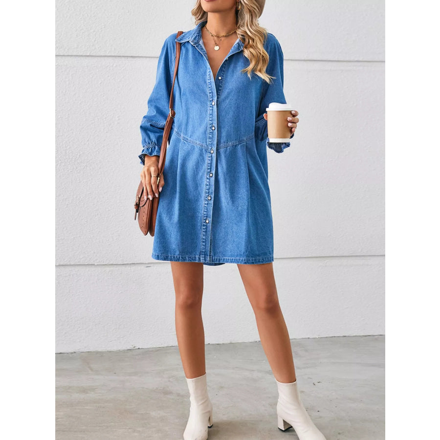 Button-Front Ruffle Cuff Denim Dress Apparel and Accessories
