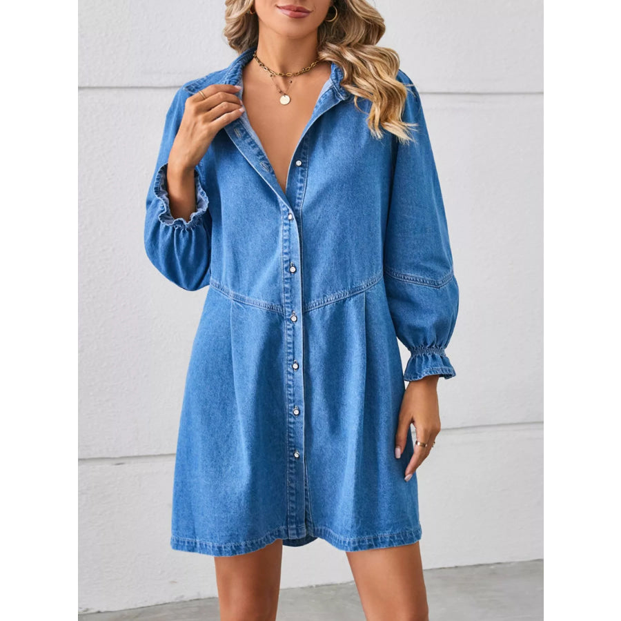 Button-Front Ruffle Cuff Denim Dress Apparel and Accessories