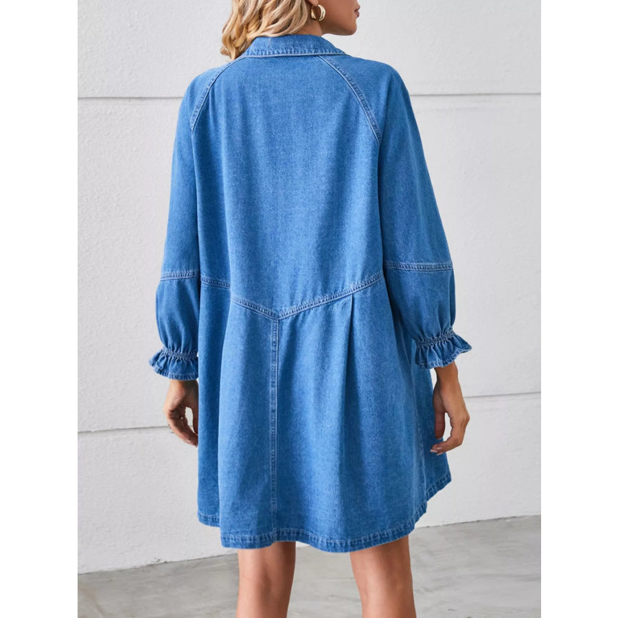 Button-Front Ruffle Cuff Denim Dress Apparel and Accessories