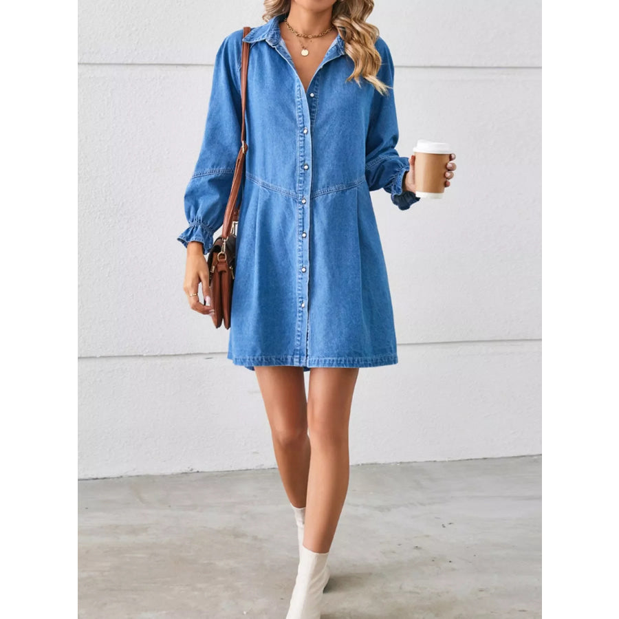 Button-Front Ruffle Cuff Denim Dress Apparel and Accessories