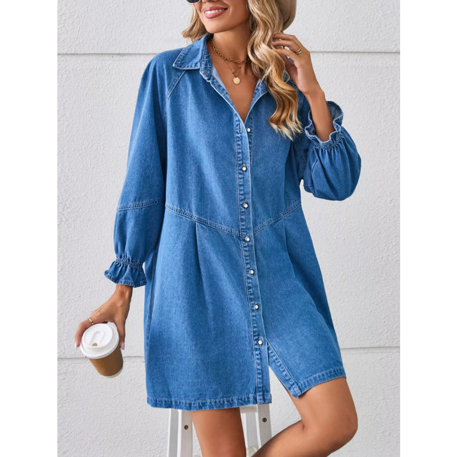 Button-Front Ruffle Cuff Denim Dress Apparel and Accessories