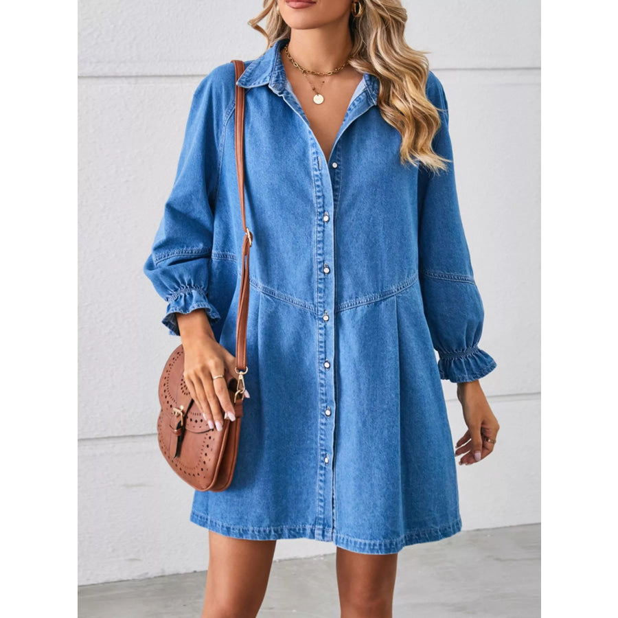 Button-Front Ruffle Cuff Denim Dress Apparel and Accessories
