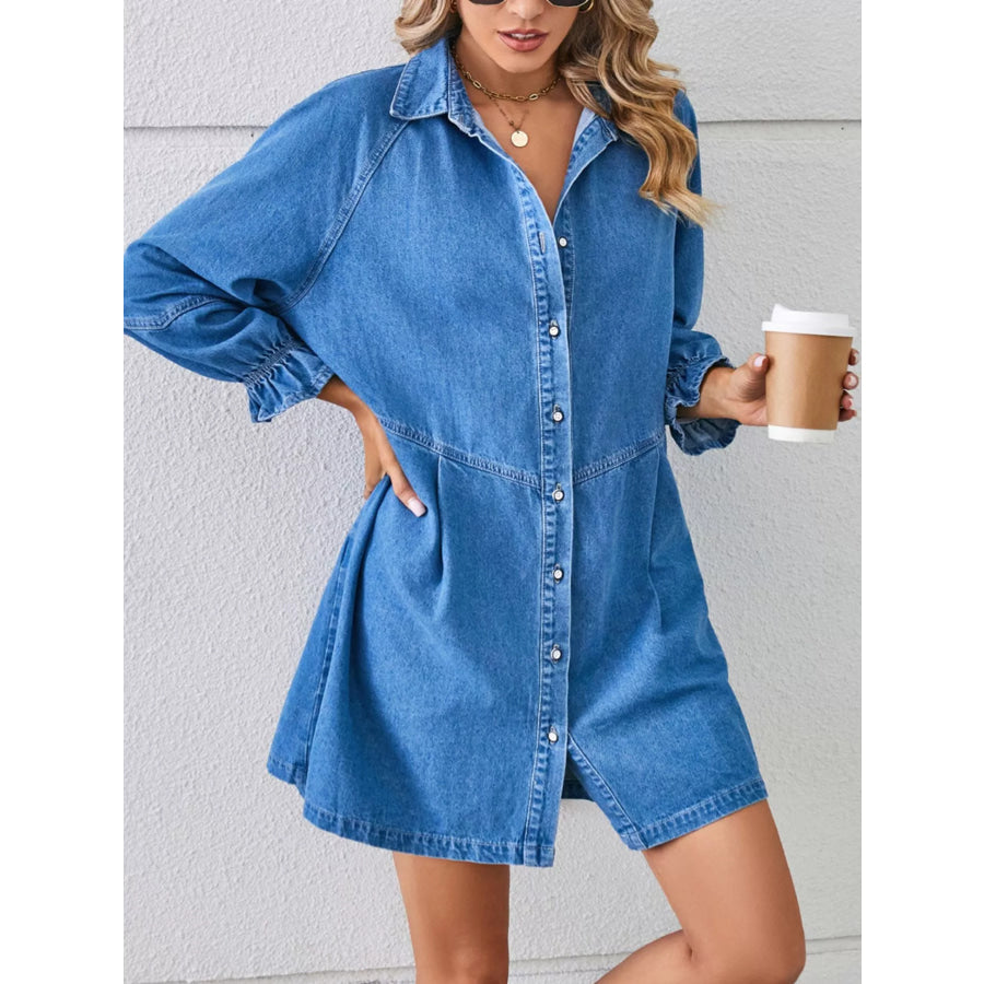 Button-Front Ruffle Cuff Denim Dress Blue / S Apparel and Accessories