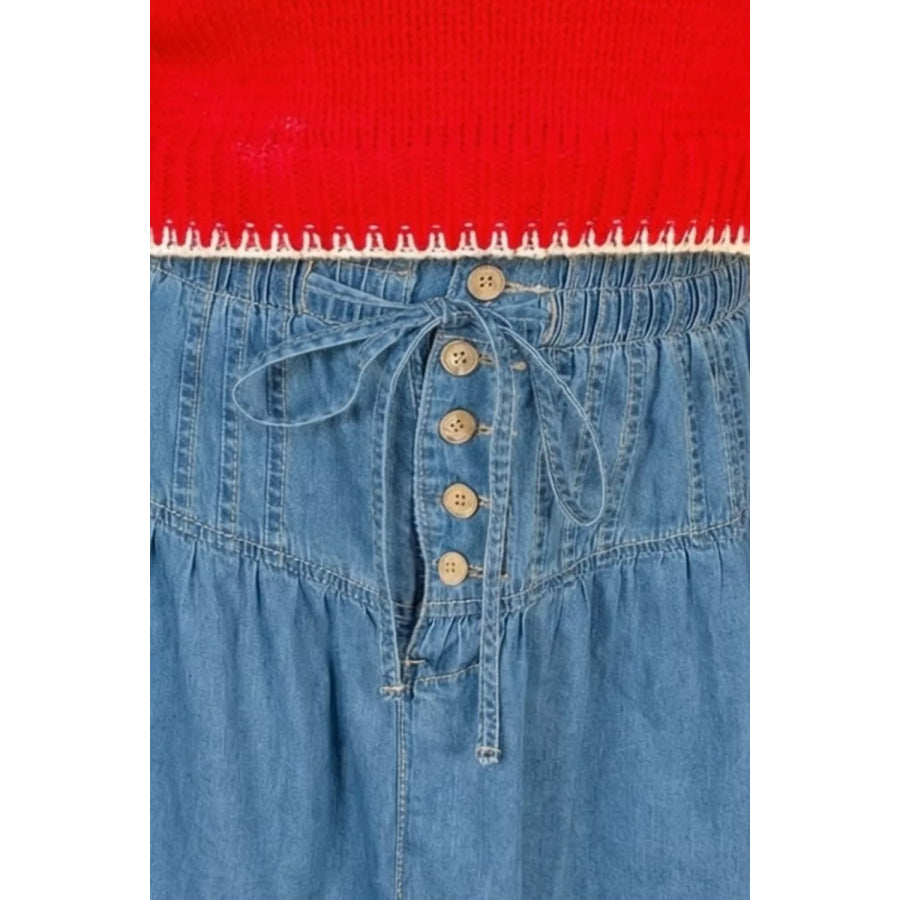 Button-Front Ruffle Hem Denim Skirt Apparel and Accessories