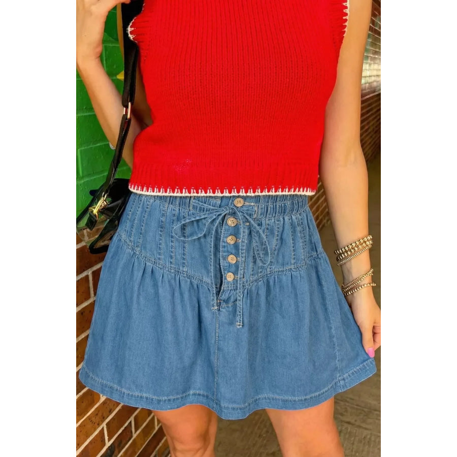 Button-Front Ruffle Hem Denim Skirt Dusty Blue / 4 Apparel and Accessories